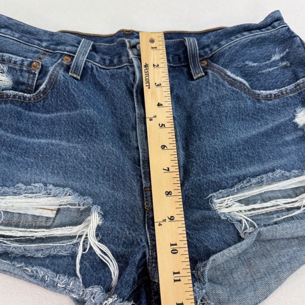Levis 501 Original Denim Shorts Blue Distressed High Rise Frayed Hem Womens 32 - Picture 7 of 11